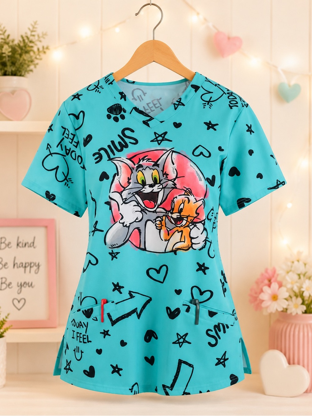 TOM AND JERRY “HAPPIER THAN
EVER” STRETCH V-NECK PRINT SCRUB
TOP - Medium